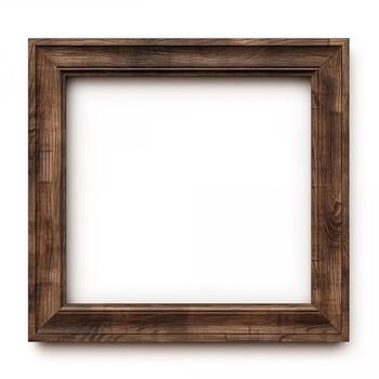 close up front view brown wooden square frame on white. mockup frame square with white sheet in the center photo