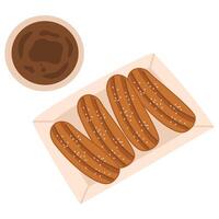Churros Pile In Paper Box With Bowl of Chocolate Sauce vector