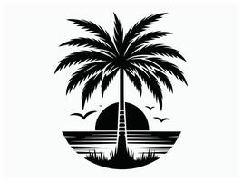 Serene Palm Tree and Bird Silhouette at Golden Sunset View vector