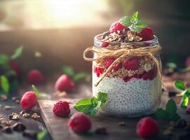 Chia Pudding with Raspberries and Mint in a Rustic Style Jar photo