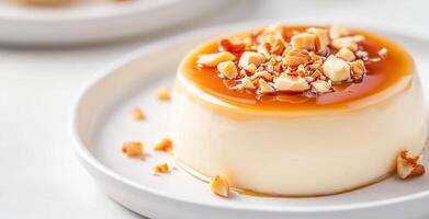 A creamy dessert on a white plate, drizzled with golden caramel and crunchy nuts photo