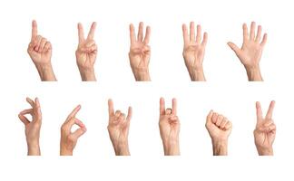 Caucasian elderly hand showing gestures like peace, rock horn, clenched fist, and counting numbers 1 photo