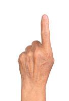 wrinkled hand pointing upward, index finger extended, gesture indicating direction, expression of photo