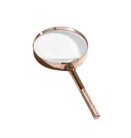 Magnifying glass with metal frame and lens tilted at an angle, used for study, inspection, and photo