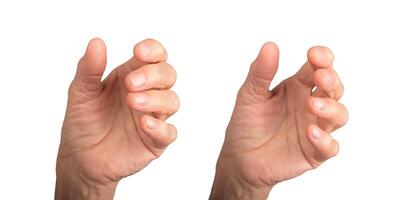 Senior hand grasping invisible object. Wrinkled fingers in holding gesture, open palm ready to take photo