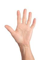 wrinkled hand raised in an open palm gesture, symbol of greeting, stop, or waving, communication photo