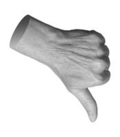 Elderly hand showing a thumbs-down gesture, symbolizing disapproval, rejection, and disagreement. photo