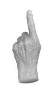 Elderly female hand with wrinkled skin pointing upward, index finger extended in a gesture of photo