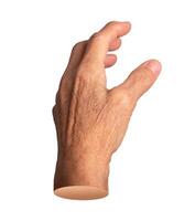 Elderly hand with wrinkled skin reaching out in a grabbing gesture, fingers open as if catching or photo