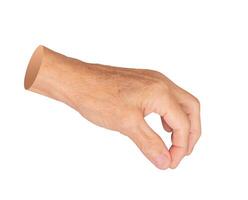 Elderly hand with wrinkled skin making a pinch gesture, thumb and finger holding something invisible photo