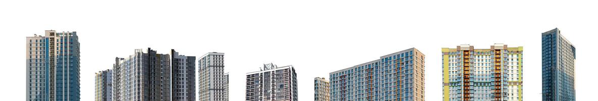 Modern high-rise buildings set, urban architecture featuring glass facades and concrete structures. photo