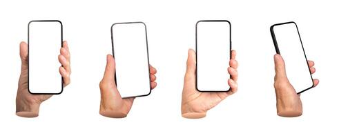 Senior hand holding a smartphone with a blank screen. Wrinkled fingers gripping the mobile device, photo