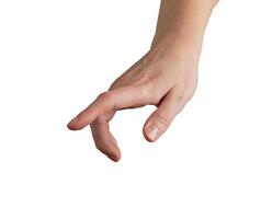 Female hand with index finger pointing, pressing, and tapping invisible screen. Gesture concept for photo