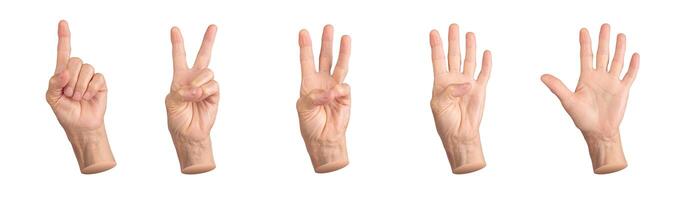 Elderly hand showing a counting gesture, fingers displaying numbers in a countdown symbolizing photo