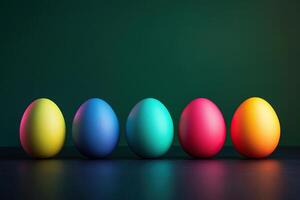 Five Easter colorful eggs on a green background. Minimalistic design of Easter eggs. Generated by artificial intelligence photo