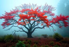 A red tree in the fog with foggy trees photo