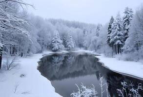 Winter landscape with a river and trees covered in snow photo