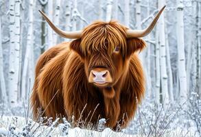 A brown cow with long horns standing in the snow photo