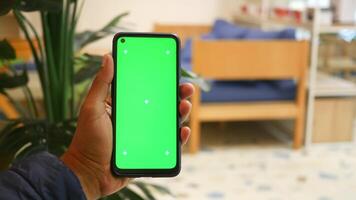 Holding a smartphone with a green screen in a cozy room video