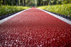 Red running track in a stadium with white lines and green grass on the side. Generated by artificial intelligence photo