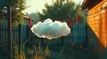 Whimsical Cloud Hanging on a Clothesline in a Serene Backyard Setting photo