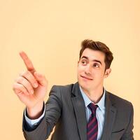 A man in a suit pointing at something photo
