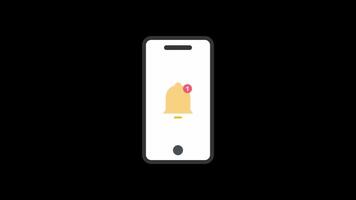 Bell notification on phone, animated footage looping, flat design style in transparent background video