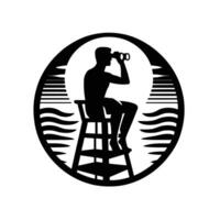 A man sitting on a stool looking through binoculars vector