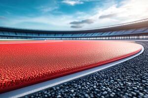 Empty red running track at the stadium in sunny day. Concept of running, sport, competition. Generated by artificial intelligence photo