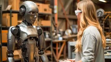 Engineers Collaborating with Advanced AI Robot in a High Tech Workshop photo
