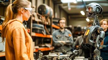 Female Engineer and AI Robot Interaction in a Research Lab photo