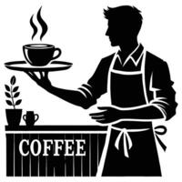 A silhouette of a man holding a tray with coffee vector