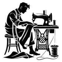 A silhouette of a man working on a sewing machine vector