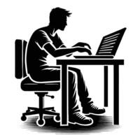 A silhouette of a man sitting at a desk with a laptop vector