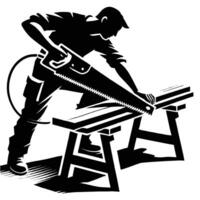A silhouette of a man using a saw to cut wood vector