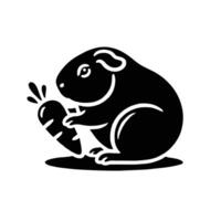 A black and white illustration of a guinea pig eating a carrot vector