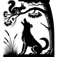 A black and white silhouette of a dog and squirrel vector