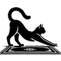 A black and white silhouette of a cat stretching on a rug vector