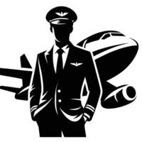 A silhouette of a pilot with an airplane in the background vector