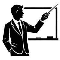 A silhouette of a man in a suit pointing at a board vector