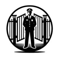 A silhouette of a man in uniform standing in front of a gate vector