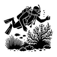 Diver underwater with coral and fish vector