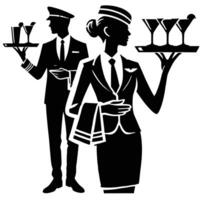 A silhouette of a waiter and waitress holding drinks vector