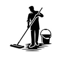 A man with a broom and bucket is standing in front of a white background vector