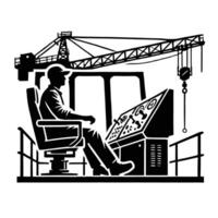 A silhouette of a man sitting at a desk with a crane in the background vector