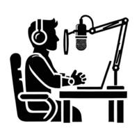 A man in headphones is sitting at a desk with a laptop vector