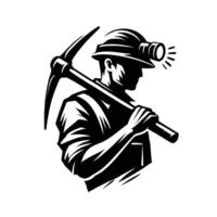 Black and white logo of a miner with a pickaxe vector