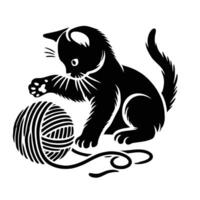 A black and white drawing of a cat playing with a ball of yarn vector