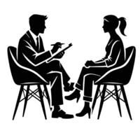 A man and woman sitting in chairs talking to each other vector