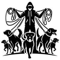 A man with dogs and a leash in silhouette vector